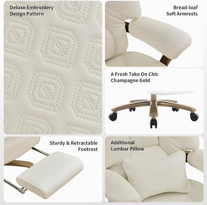 EXCEBET Big and Tall Executive Office Chair with Footrest, 400LBS Capacity Ergonomic High-Back Desk Office Chair with Lumbar Support, Padded Armrests & Thick Cushion, White PU Leather Chairs