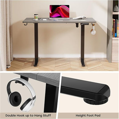 Grey Electric Standing Desk, 48 X 24 Inch Adjustable Height Table, Sit Stand Desk with 2 Hooks, Ergonomic Rising Workstation with Splice Board