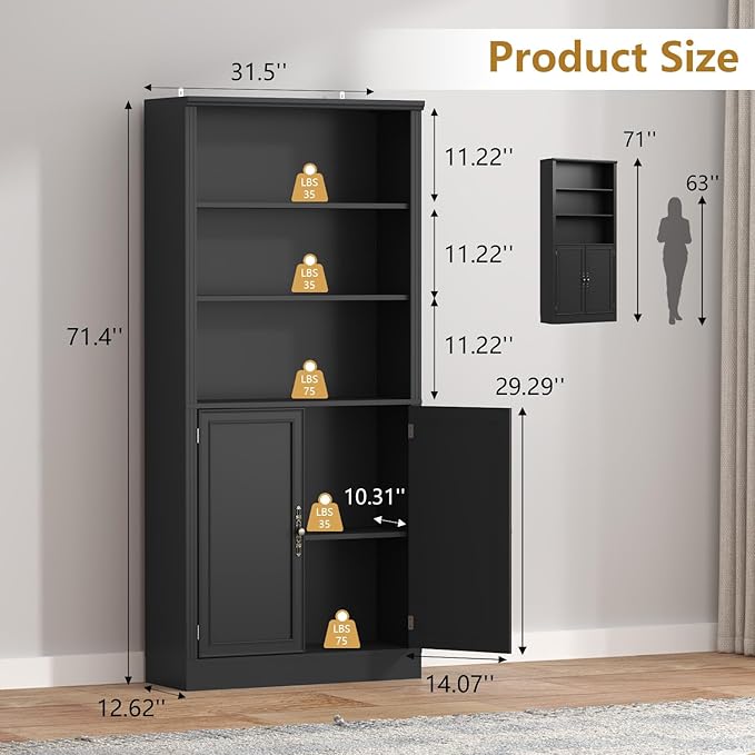 Thacuok 72'' Tall Bookcase with Doors, Adjustable Shelves, P2 MDF Construction, 32'' Wide Freestanding Cabinet with Metal Handles, Hidden Storage for Living Room, Bedroom