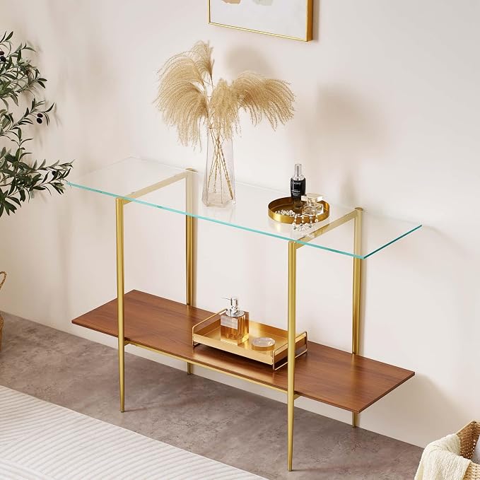 LumFurn Extra Large Glass Console Table for Living Room, Foyer & Entrance, L47 x W16 x H31, Mid-Century Modern Sofa Table with Clear Glass Top, Walnut Finish Wood Top and Gold Finish Metal Frame