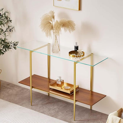 LumFurn Extra Large Glass Console Table for Living Room, Foyer & Entrance, L47 x W16 x H31, Mid-Century Modern Sofa Table with Clear Glass Top, Walnut Finish Wood Top and Gold Finish Metal Frame