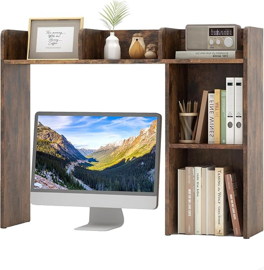 Tangkula Desktop Bookshelf, Countertop Storage Hutch with 5 Shelves for Computer Desk, 3-Tier Display Rack, Multipurpose Wood Desktop Hutch Storage Organizer for Dorm Office, Brown