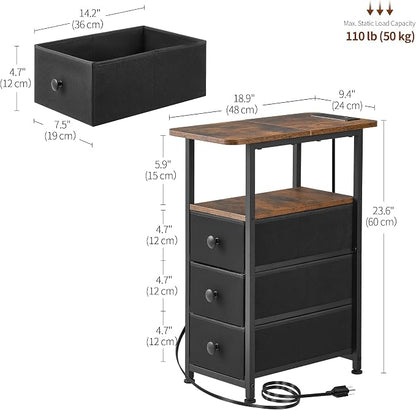DALEMHOME Narrow End Table with Charging Station, Narrow Side Table with Drawer, Small Nightstand with LED Light, Skinny Nightstand, Small Bedside Table for Living Room, Bedroom, Couch, Rustic Brown