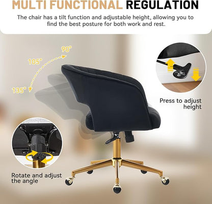 Vanity Chair with Back 360 Swivel Armchair and Gold Base, Criss Cross Chair with Wheels for Vanity Home Office, Living Room, Bedroom and Study (Black)