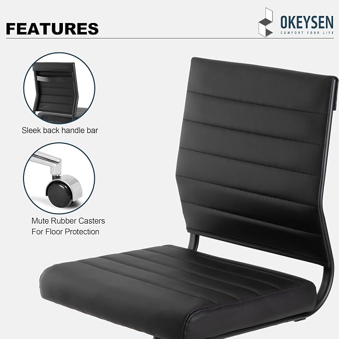 Okeysen Office Desk Chair No Arms, Mid Back Ergonomic Swivel Black Armless Conference Room Chairs, Adjustable Height PU Leather Home Desk Chair, Modern Small Rolling Computer Task Chair