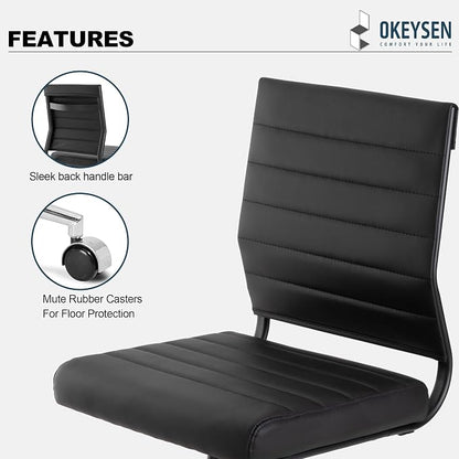 Okeysen Office Desk Chair No Arms, Mid Back Ergonomic Swivel Black Armless Conference Room Chairs, Adjustable Height PU Leather Home Desk Chair, Modern Small Rolling Computer Task Chair