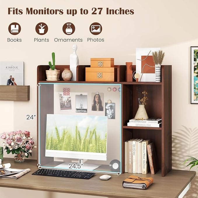 LDAILY Desktop Shelf, Multipurpose Wood Desk Hutch for Max 27" Computer Monitor, Countertop Storage Hutch with 5 Shelves, 3 Tier Desktop Display Rack for Dorm Office Home(Walnut)