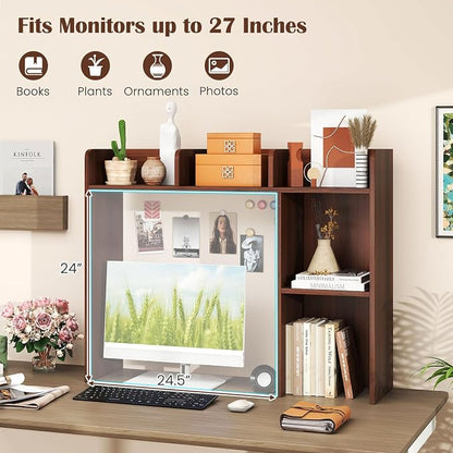 LDAILY Desktop Shelf, Multipurpose Wood Desk Hutch for Max 27" Computer Monitor, Countertop Storage Hutch with 5 Shelves, 3 Tier Desktop Display Rack for Dorm Office Home(Walnut)