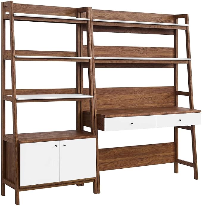 Modway 2-Piece Home Office Desk and Bookshelf Display Case in Walnut White