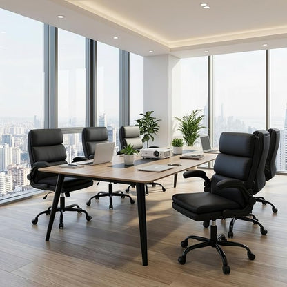 Mid Back Office Desk Chair,Leather Conference Room Chairs,Ergonomic Home Computer Chair,Modern Executive Chair with Padded Flip-up Armrest and Swivel Wheels (Black)