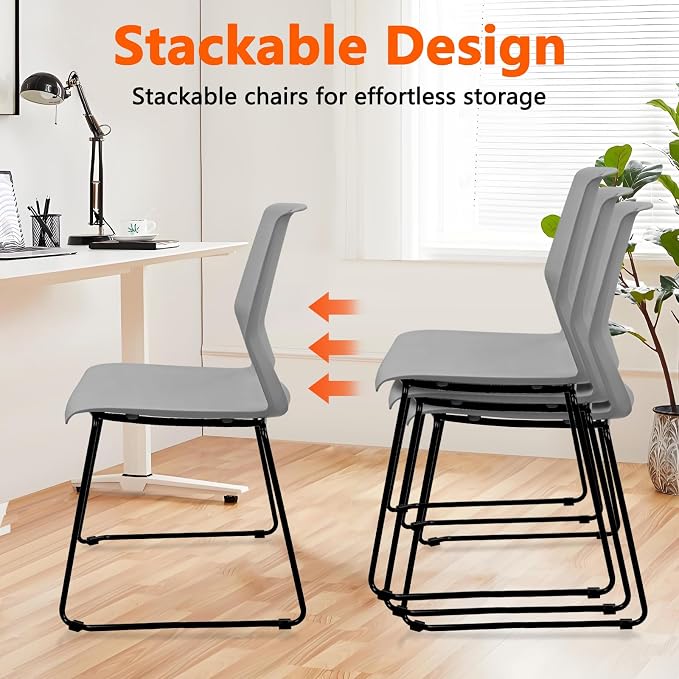 KLASIKA Stackable Guest Reception Chairs, Stacking Office Chair with Ergonomic Lumbar Support & Metal Legs, Plastic Desk Chairs for Conference School Church Waiting Meeting Break Room Set of 12, Gray