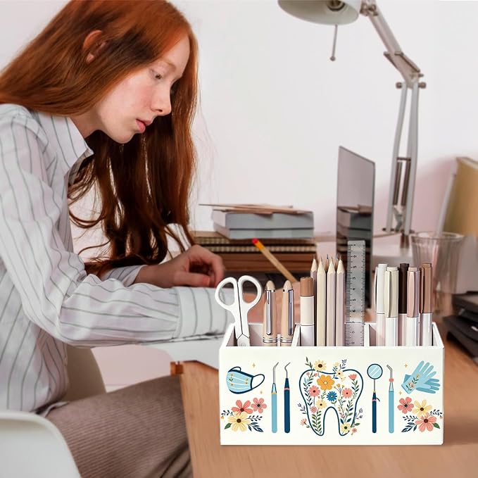 Dentist Hygienist Gifts Pen Pencil Holder for Desk Accessories | Dental Gifts for Women, Dental Assistant Gift, Dentist Pen Wooden Organizer Decorations for Office Workplace Desk Tabletop