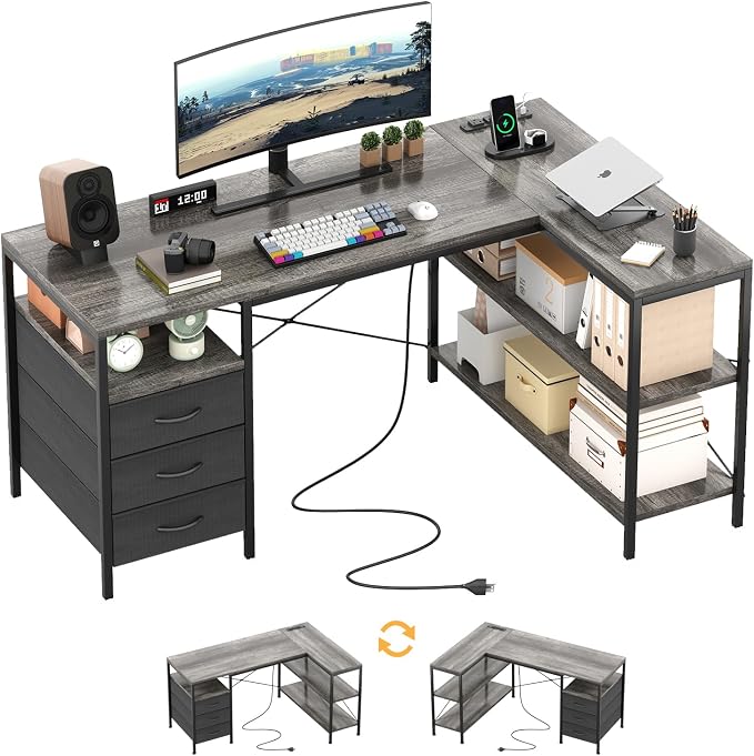 MUTUN L Shaped Computer Desk with 3 Drawers & Power Outlets, 47 Inch Corner Desk with Reversible Storage Shelves, PC Table for Home Office Bedroom (Grey, 47 Inch)