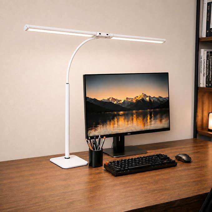 24" Double Head LED Desk Lamp, 15W Wide Architect Desk Light with Base for Home Office, Smart Memory, 360° Flexible Gooseneck Task Lamp, 3 Colors 10 Brightness Tall Monitor Light,White