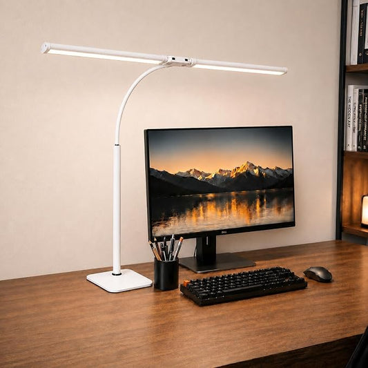 24" Double Head LED Desk Lamp, 15W Wide Architect Desk Light with Base for Home Office, Smart Memory, 360° Flexible Gooseneck Task Lamp, 3 Colors 10 Brightness Tall Monitor Light,White