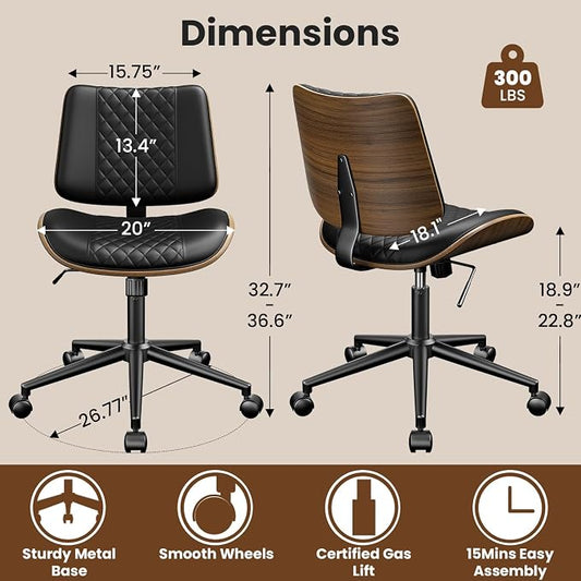YaFiti Armless Office Chair, Mid Century Modern Desk Chair with Walnut Wood Back & SGS Level 3 Gas Lift, Swivel PU Leather Computer Chair for Small Space, Home Office, Bedroom, 300lbs Cap, Black