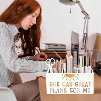 Boho Christian Kids Pen Pencil Holder for Desk, Boho Classroom Decor, God Has Great Plans for Me Bible Verse Wooden Box Sign Decorations for Kids Room Bedroom Playroom Desk Tabletop