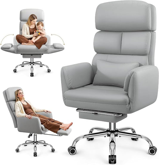 Big and Tall Office Chair 500LBS, Ergonomic High Back Leather Executive Chair, Reclining Swivel with Adjustable Armrests Lumbar Support Footrest, Cross Legged, Light Gray