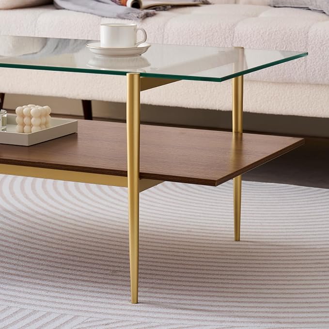 LumFurn Rectangle Coffee Table, Mid-Century Modern Design, L41 W21 x H17, for Living Room, 2-Tier Structure, Clear Glass Top and Walnut MDF Shelf, Sleek Conical Metal Legs with Gold Finish