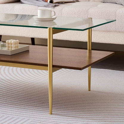 LumFurn Rectangle Coffee Table, Mid-Century Modern Design, L41 W21 x H17, for Living Room, 2-Tier Structure, Clear Glass Top and Walnut MDF Shelf, Sleek Conical Metal Legs with Gold Finish
