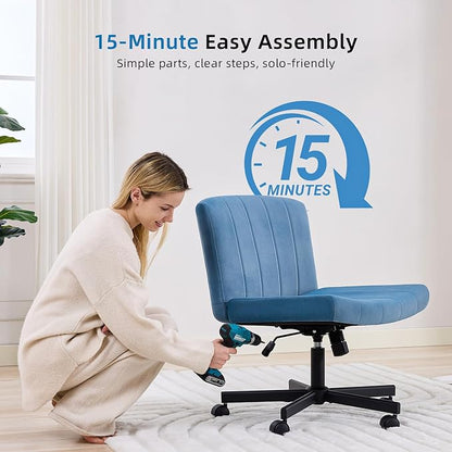 amseatec Criss Cross Chair, Wide Cross Legged Desk Chair with Wheels, Comfy Fabric Vanity Chair for Home Office, Adjustable Armless Swivel Task Chair with 90–115°Tilt（300Lbs/Navy）