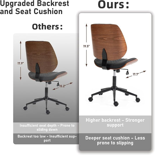DYHOME Modern Walnut Home Office Chair with Wheels, Executive Office Desk Chair No Arms, Adjustable Height Small Desk Chair, Comfy PU, Deeper Cushion, Mid Back 360 Swivel Computer Chair, Black
