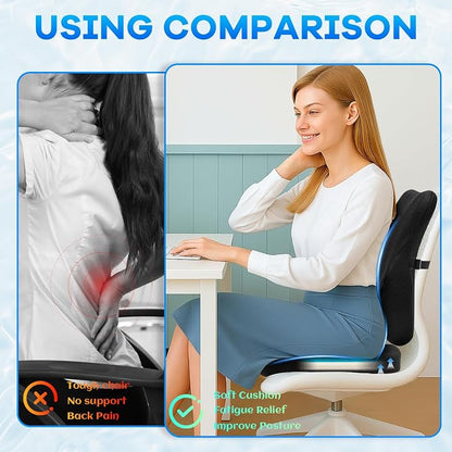 Gel Seat Cushion & Lumbar Support Pillow Set, Cooling Memory Foam for Tailbone & Sciatica Pain Relief, Ergonomic Office Chair Cushion with Breathable Mesh Cover for Car, Home, Wheelchair (Black)