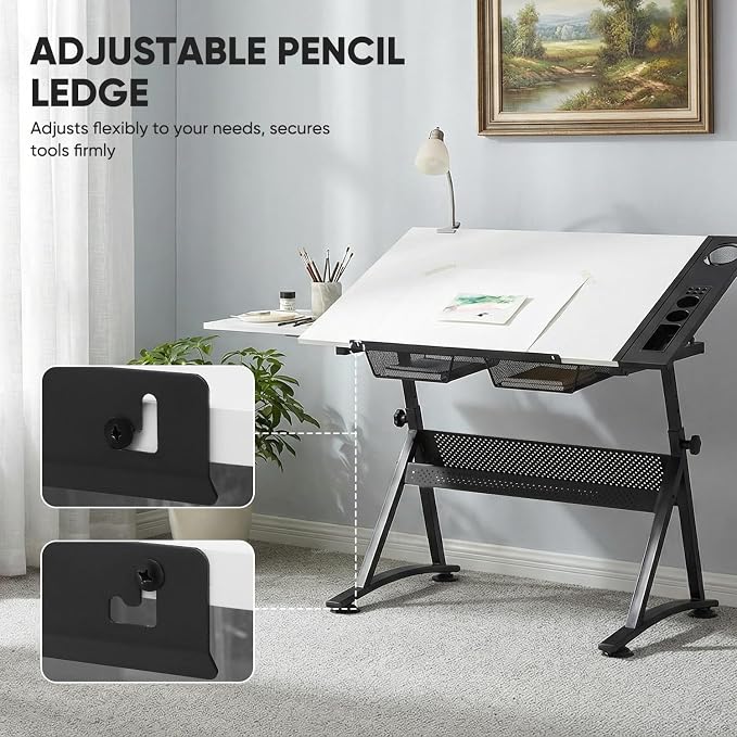Magshion Professional Drafting Table for Adults w/Stool, Tilting Wooden Tabletop & Adjustable Height, Art Craft Desk Watercolor Paintings Sketching Work Station for Studio Home Office School (White)