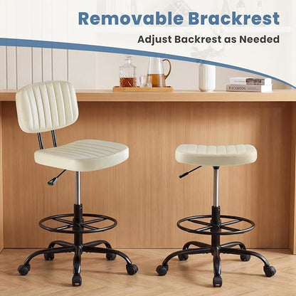 DUMOS Armless Drafting Chair, Low Back Office Seat with Adjustable Footrest Ring for Standing Desk, Ergonomic PU Leather Office Seating, Swivel Rolling High Stool for Studio, Lab, Counter, Beige