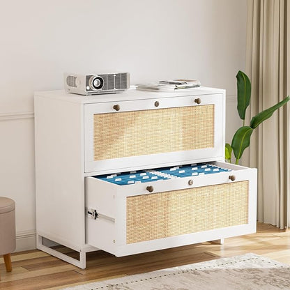 VINGLI White & Natural Rattan 2 Drawer Lateral File Cabinet with Lock, Wood Locking File Cabinets for Home Office, File Cabinet Printer Stand for Hanging Letter/Legal Size Folders, 30W x 16D x 28H