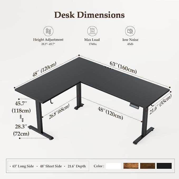 Klicelor L Shaped Standing Desk 63 x 48 Inch, Electric Height Adjustable Corner Desk for Home Office Workstation, Ergonomic Sit to Stand Computer Table with Memory Controller, Black