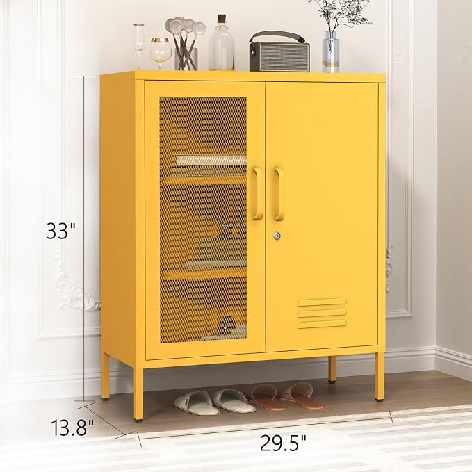 33" Metal Storage Cabinet with 2 Tier Removable Shelves Yellow Lockable Metal Bathroom Vanity Freestanding Sideboard with Mesh Doors for Home Living Room Bedroom Size：33" H X 29.5" W X 13.8" D