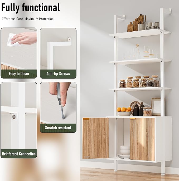 INNOD 74" Tall Bookshelf with Storage Cabinet, Modern Ladder Shelf with Wood and Metal Frame, Wall Mount Bookcase Open Display Shelf Furniture for Living Room, Bedroom, Home Office, White and Oak