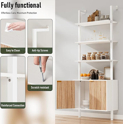 INNOD 74" Tall Bookshelf with Storage Cabinet, Modern Ladder Shelf with Wood and Metal Frame, Wall Mount Bookcase Open Display Shelf Furniture for Living Room, Bedroom, Home Office, White and Oak