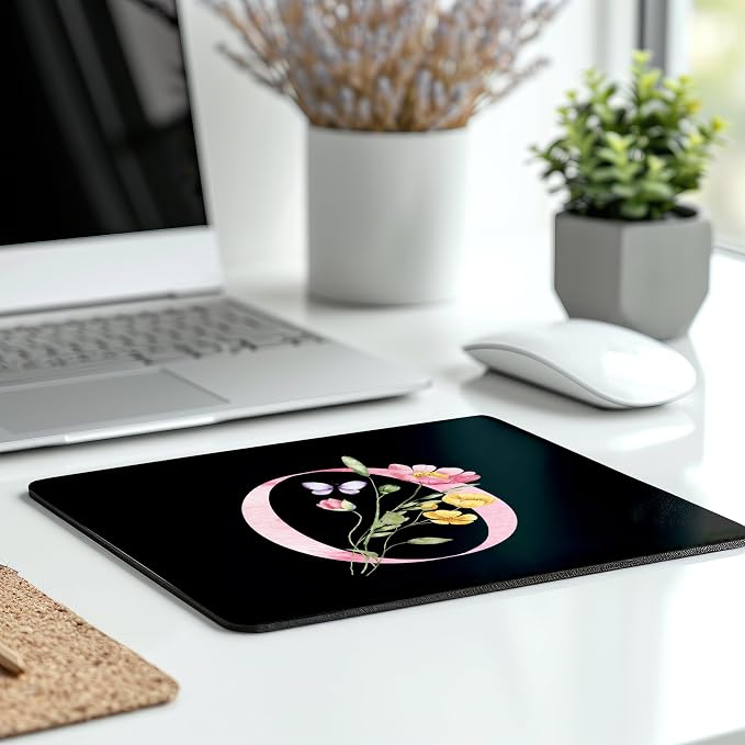 Mouse Pad Pinks Flowers Initial Letters Mousepad Desktop Laptop Computer Accessories Home Office Gaming Work Desk Computer Non-Slip Rubber Monogram Floral Alphabet A-Z mousepad (O)