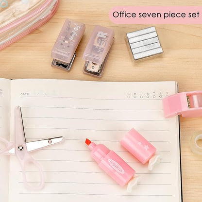 7-Pieces Clear Desk Organizer Set - with Stapler, Hole Punch, Tape Dispenser, Scissors & Highlighters, Transparent Office Supplies Kit for Home Office, School & Workspace