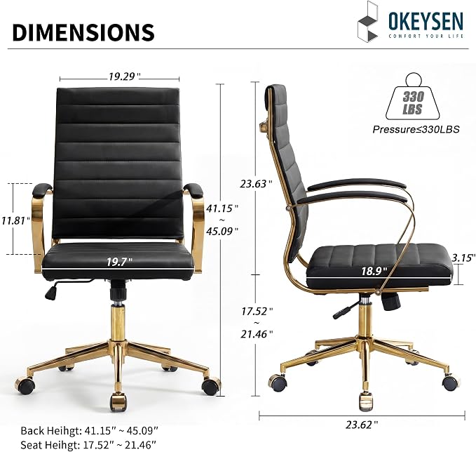 Okeysen Gold Office Desk Chair, Ergonomic Leather Modern Conference Room Chairs, Executive Ribbed Height Adjustable Swivel Rolling Golden Chair for Home Office.