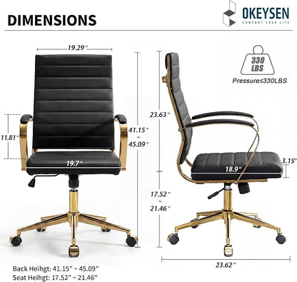 Okeysen Gold Office Desk Chair, Ergonomic Leather Modern Conference Room Chairs, Executive Ribbed Height Adjustable Swivel Rolling Golden Chair for Home Office.