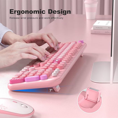 KNOWSQT Wireless Keyboard and Mouse Combo - Lovely Pink Rainbow 2.4G Full-Sized Colorful Keyboards, Round Keycap USB Dongle Plug Play Cute Keyboards for Windows, Laptop, PC, Desktop, Mac