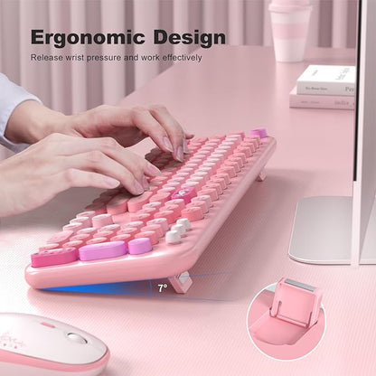 Dilter Wireless Keyboard and Mouse, Typewriter Full Size Keyboard with Number Pad and 2 in 1 USB Connected Mouse for Windows 7/8/10, Laptop, Desktop, PC, Computer (Pink Colorful)