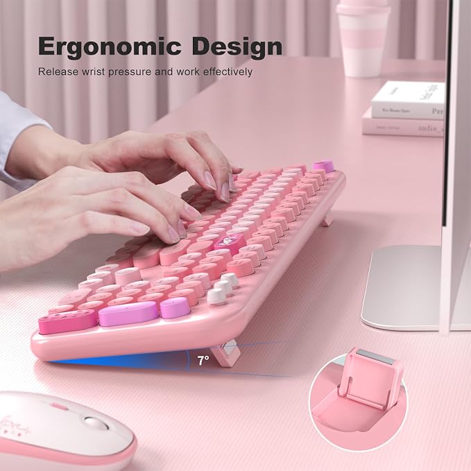 MOFII Wireless Keyboard and Mouse Combo, Cute Retro Typewriter Keyboard and Silent Mouse, 2.4GHz Full Size Computer Keyboard Wireless Mouse Set for PC, Laptop, Desktop, Windows (Pink Colorful)