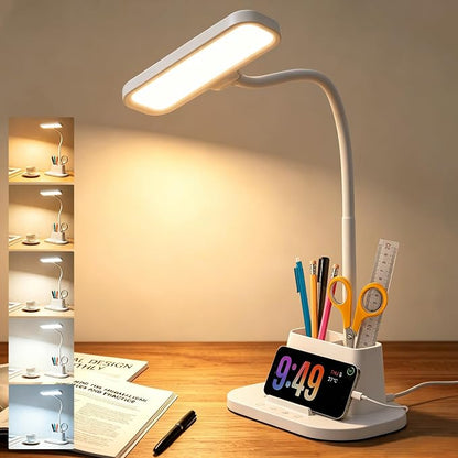 BOHON Desk Lamp for Home Office Reading Light with USB Charging Port White | Small Desk Lamps with Pen Holder, 5 Color Modes 5 Brightness, Touch Gooseneck LED Table Lamp for Dorm Room Essentials Study