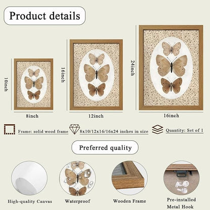 CXQILVER Vintage Framed Butterfly Canvas Wall Art,Natural Insect Illustration Prints Wall Decor, Antique Rustic Cottagecore Farmhouse Picture Painting Artwork for Bedroom Bathroom Living Room 12x16in