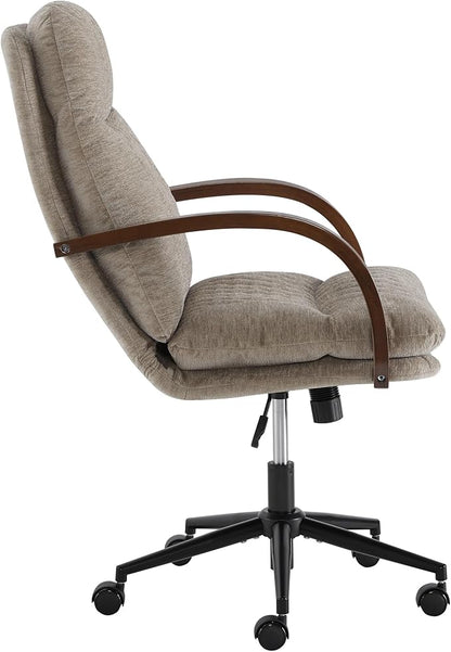 KISLOT Home Office Desk Chair, Ergonomic Office Chair with Lumbar Support, Adjustable Swivel Computer Chair with Wheels, Fabric Executive Task Chair with Wood Arms, Khaki