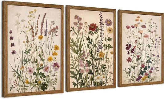 WRFON Botanical and Flower Canvas Wall Art, Framed Wildflower Wall Art Set of 3, Vintage Meadow Flower Canvas Prints, Cottagecore Floral Decor for Living Room Bedroom Bathroom Farmhouse Home, 20x30