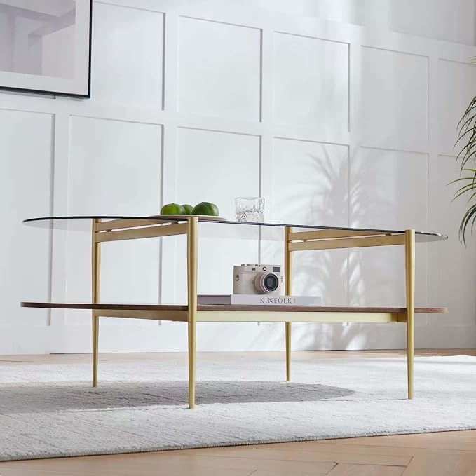 LumFurn X-Large Oval Glass Coffee Table, Mid-Century Modern Design, L47 x W24 x H17 inch, for Living Room, Clear Glass Top and Walnut Finish Wood Shelf, Conical Legs with Gold Finish Frame