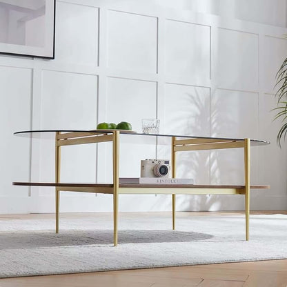 LumFurn X-Large Oval Glass Coffee Table, Mid-Century Modern Design, L47 x W24 x H17 inch, for Living Room, Clear Glass Top and Walnut Finish Wood Shelf, Conical Legs with Gold Finish Frame