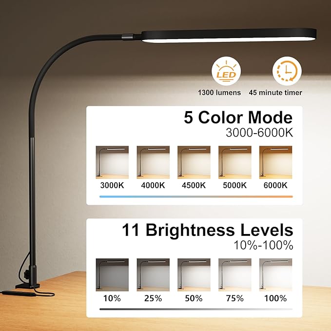 SKYLEO Led Desk Lamp - Desk Light for 33.5" Tall - Flexible Gooseneck - 5 Color Modes X 11 Brightness Levels - 1300LM - Timmer & Memory Function - 12W Clip on Light - Black