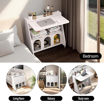 Pmnianhua Farmhouse Portable Desk on Wheels,Mobile Workstation,Rolling Computer Desk with Wheels and Storage for Home Office Small Space(White)