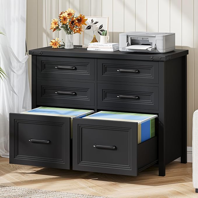 Halitaa 6 Drawer File Cabinets,Farmhouse Lateral Filing Cabinet Fits Letter and A4 Size, Wooden File Cabinet for Home Office, Printer Stand,Black